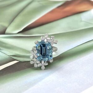 Blue Aquamarine Halo Floral Diamond Ring